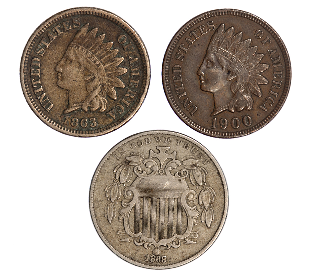 USA - Indian Head Cent (2) 1863, 1900; Shield Nickel 1868 (1)