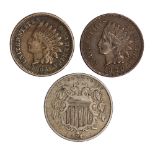 USA - Indian Head Cent (2) 1863, 1900; Shield Nickel 1868 (1)