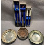 Six assorted silver items including three silver dishes (one with wooden base,