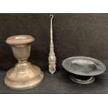 Three assorted silver items including 1930's Birmingham Hallmarked candlestick holder with weighted