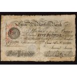 England - Lynn Regis and Norfolk Bank, five pounds, 7 June 1886, B 9280,