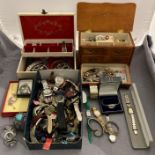 Contents to box and jewellery box - assorted costume jewellery and a large collection of watches