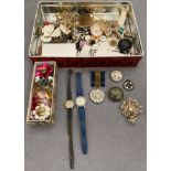 Contents to tin - assorted costume jewellery including necklaces, brooches, Oris watch,