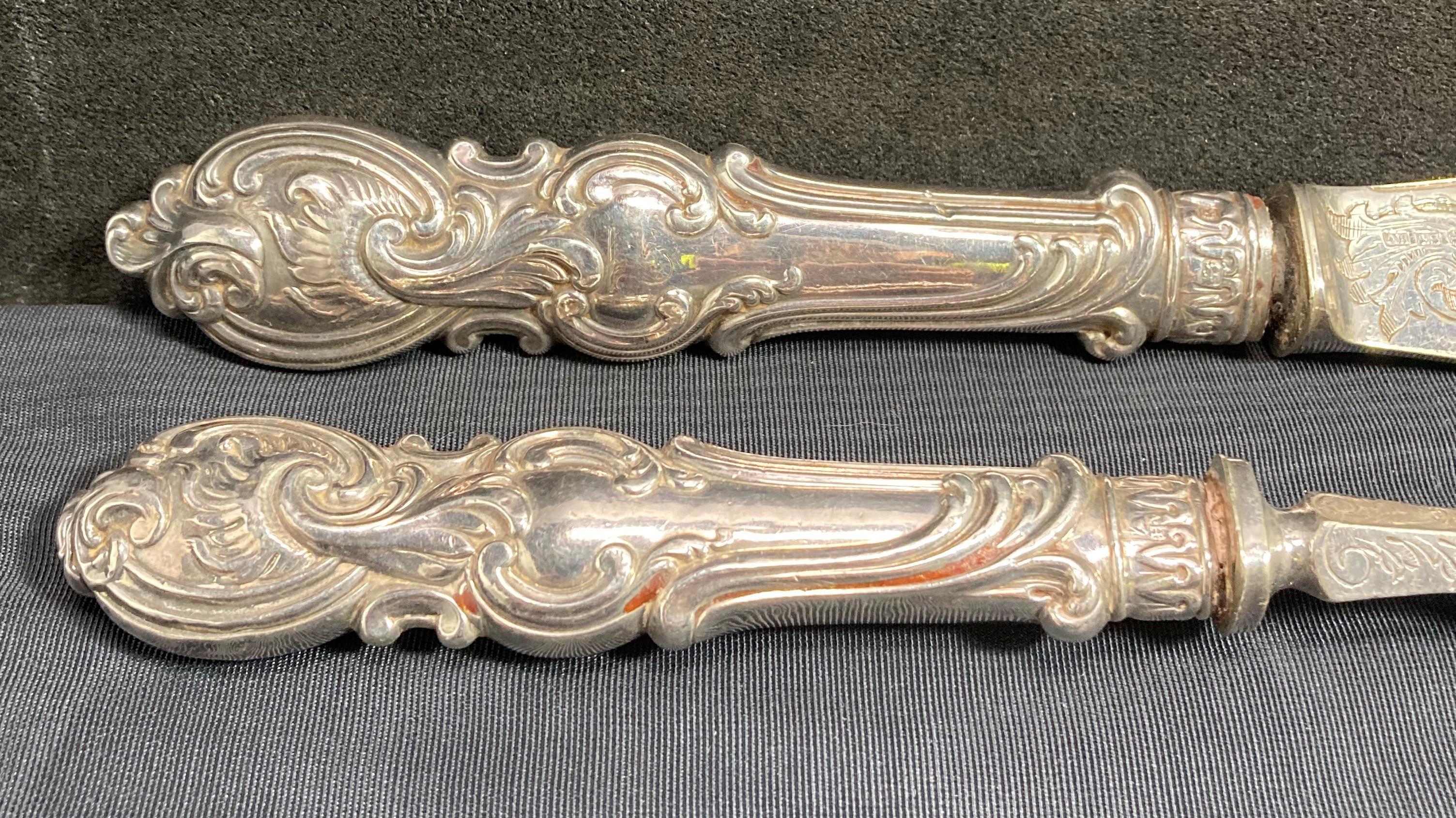 Carving set with silver hallmarked handles (possibly Sheffield late 18th century) with engraved and - Image 2 of 5