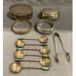 Eleven items - two silver trinket boxes, set of six silver teaspoons, silver sugar tongs,