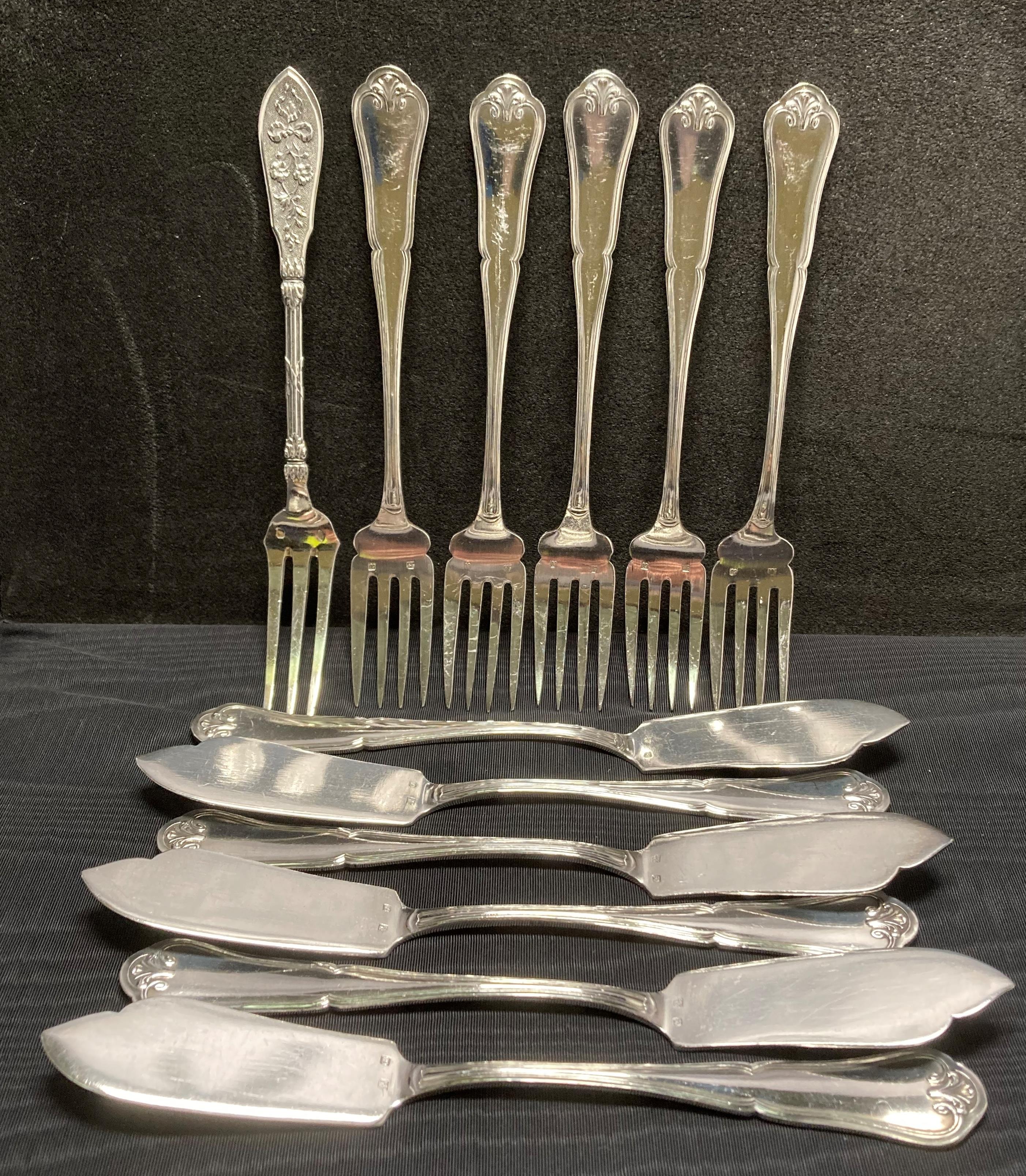 Set of eleven silver French hall mark items including six fish knives,