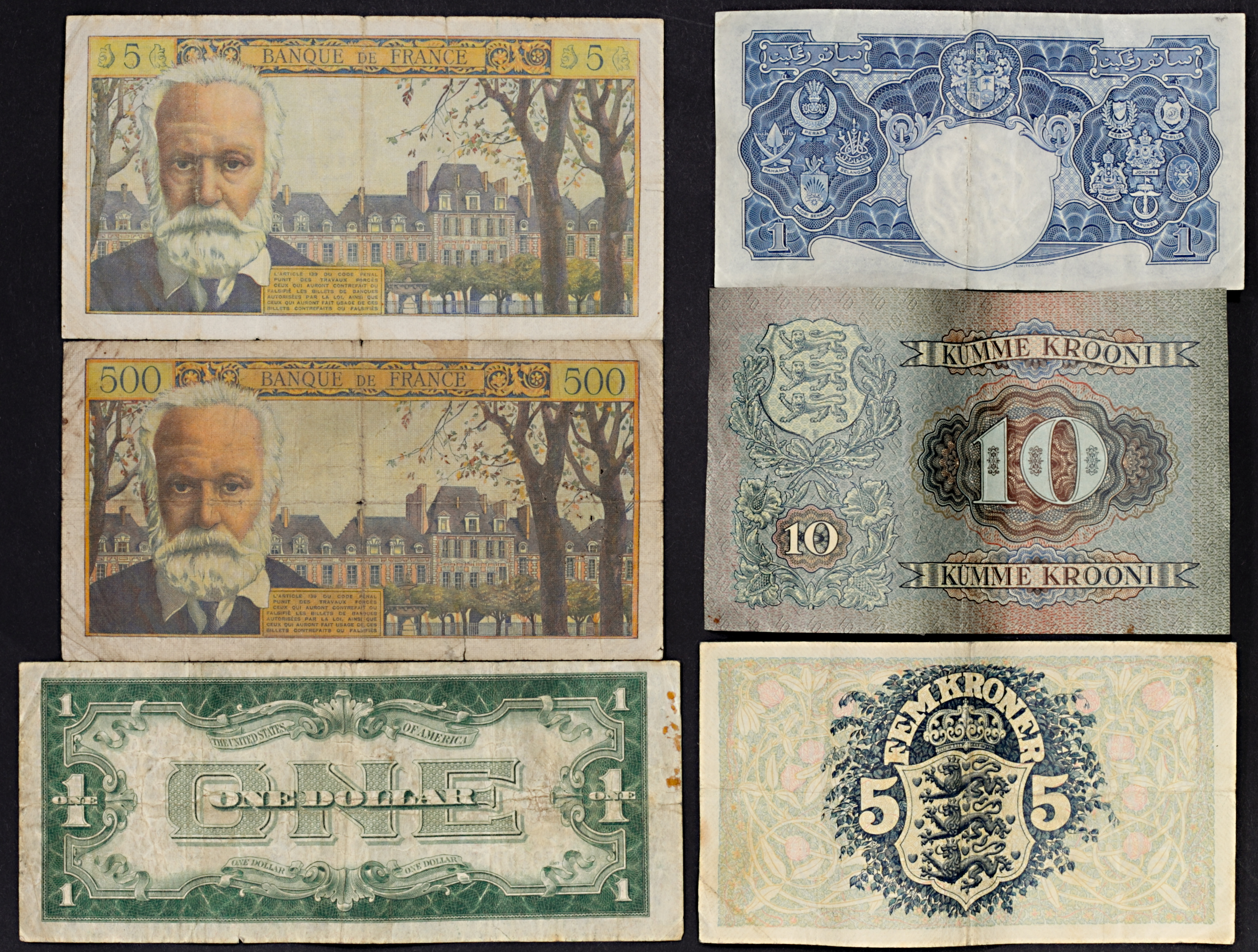 World - Group of Banknotes: Denmark, Estonia, France, Malaya, USA (6) - Image 2 of 2