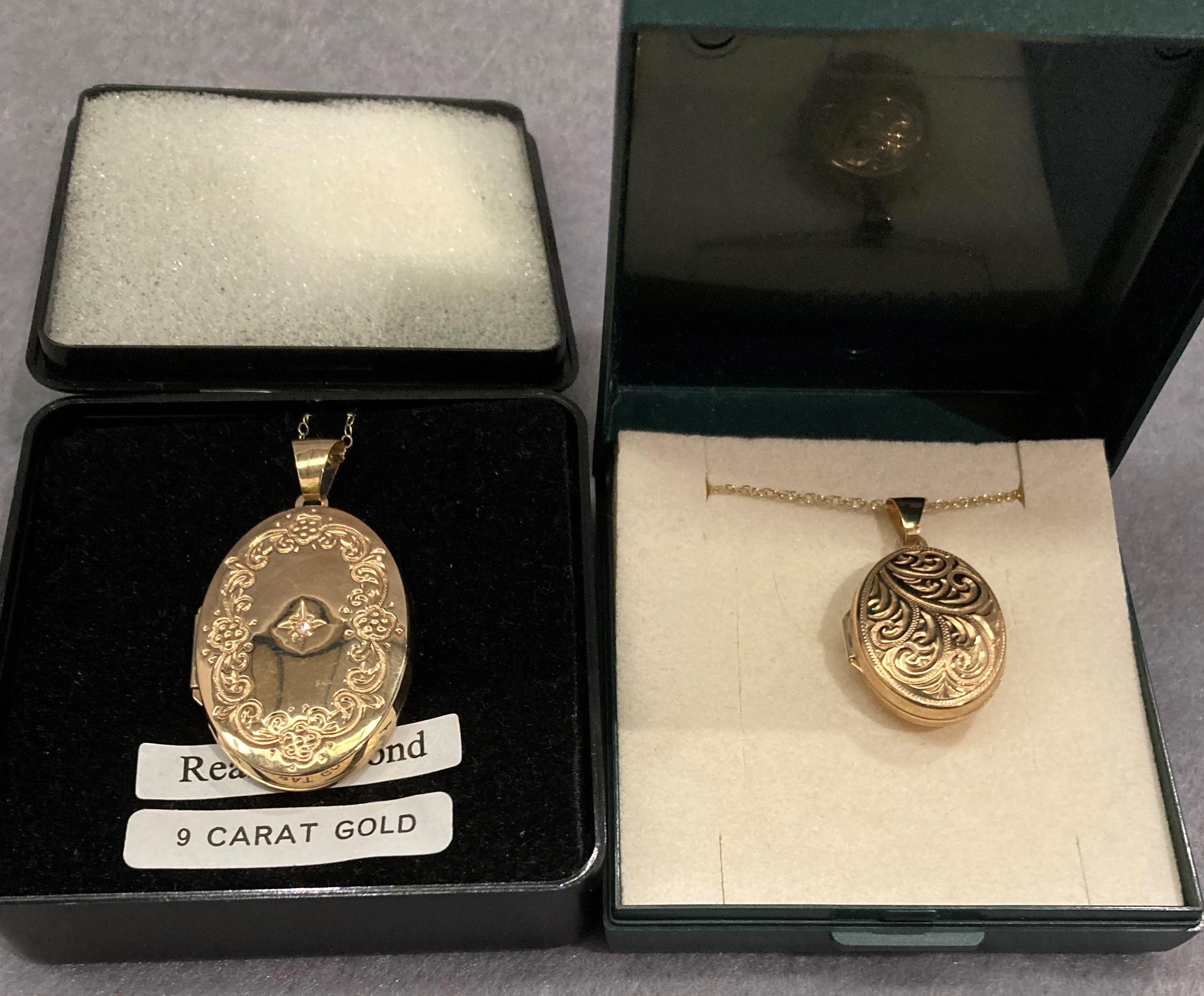 Two 9ct gold chains with lockets - one locket with diamond to centre and both engraved (total