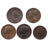 1849 Farthing and 4 others: George III 1799 and Victoria 1845, 1853, 1866.