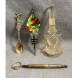 Contents to small box - silver pen, silver teaspoon, two wine stoppers,