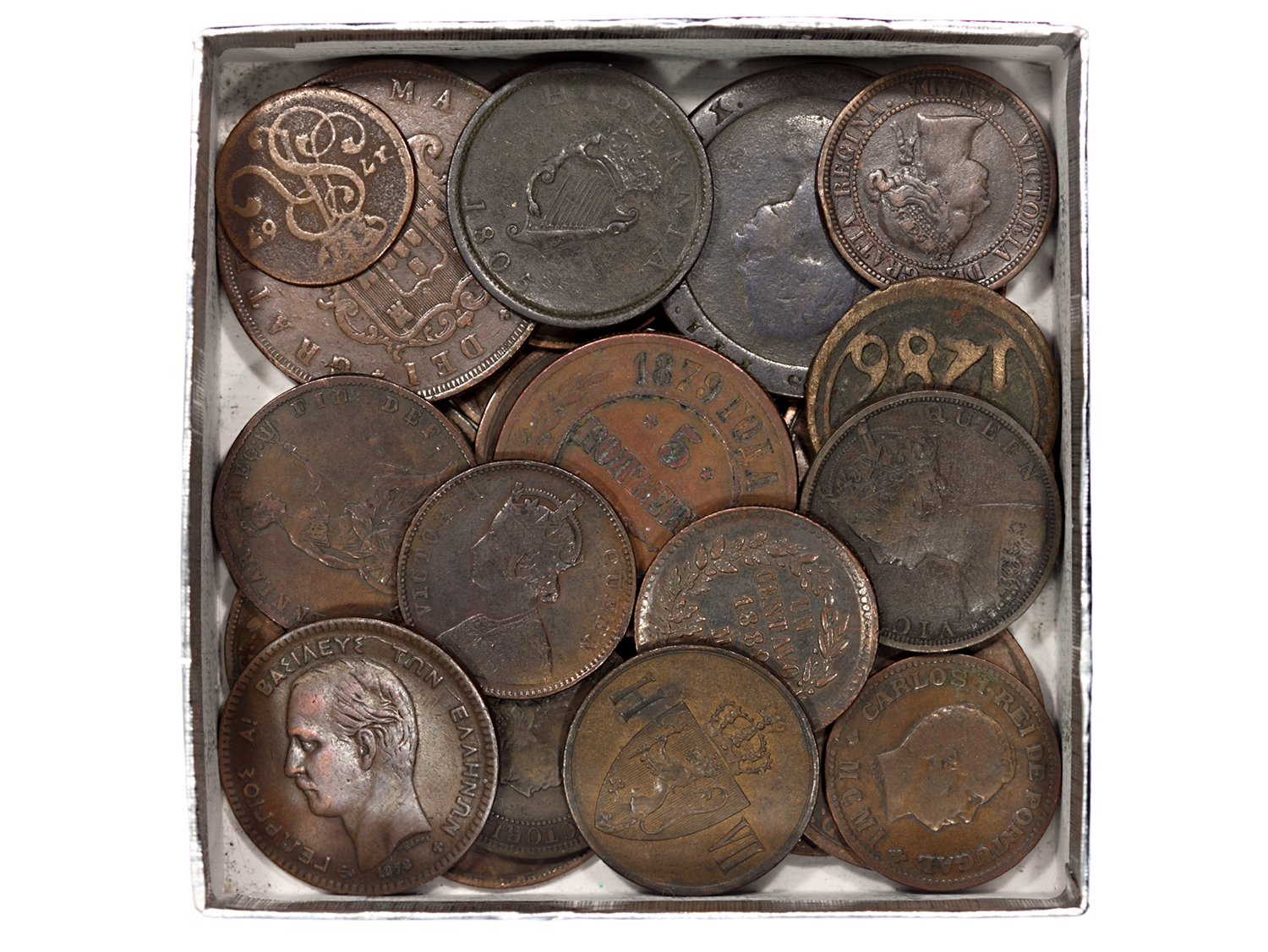 World - Box of Copper Coins, 18th and 19th Century,
