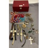 Contents to red jewellery box - assorted costume jewellery including necklaces, brooch, earrings,