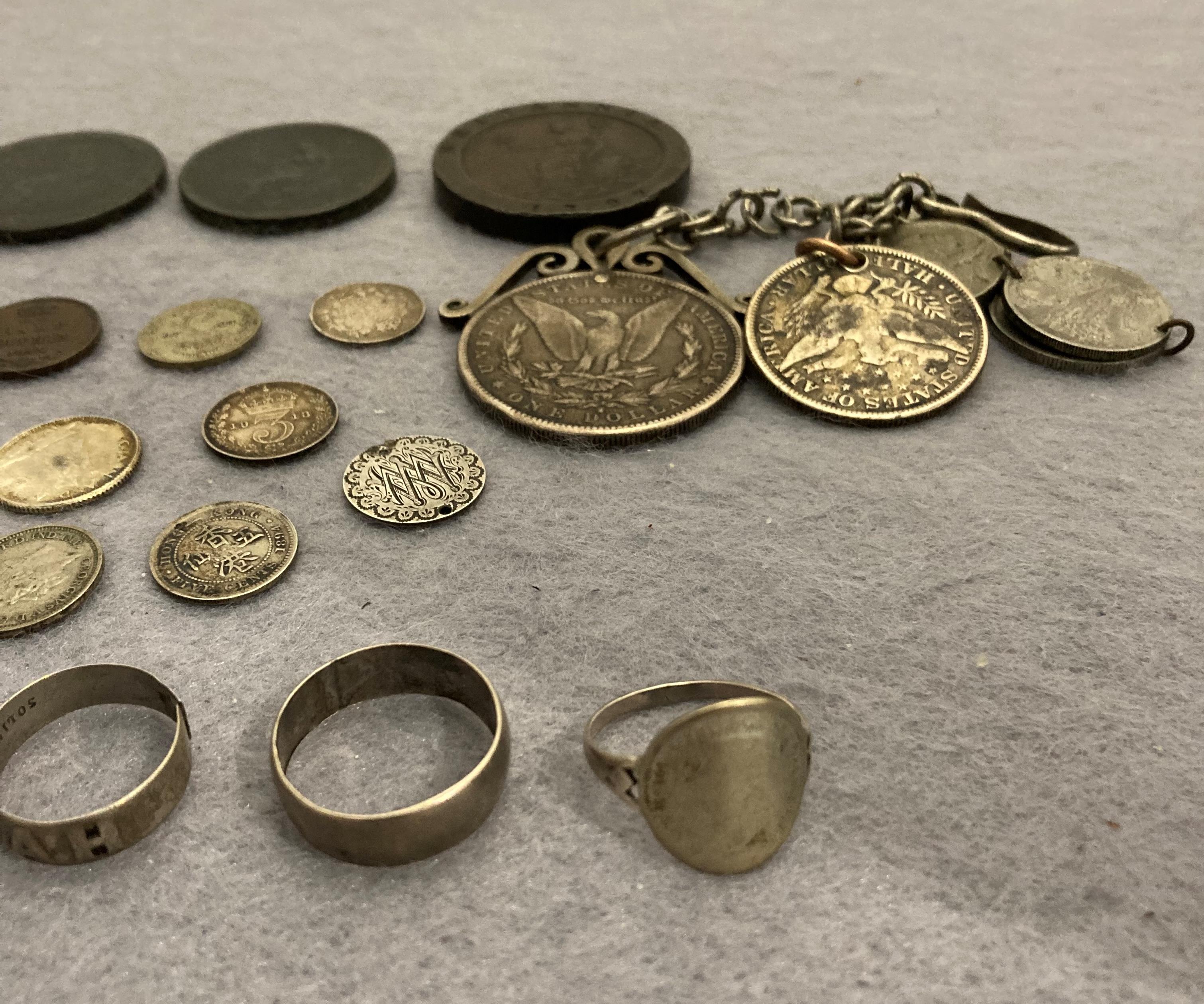 Contents to box - USA 1883 silver US dollar on chain with other silver coins, - Image 3 of 4