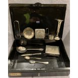 Black metal deed box and contents including silver Queen Elizabeth II silver jubilee dish,