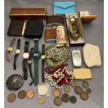Contents to box - Spanish coins and notes, English pennies and three pence's, watches,