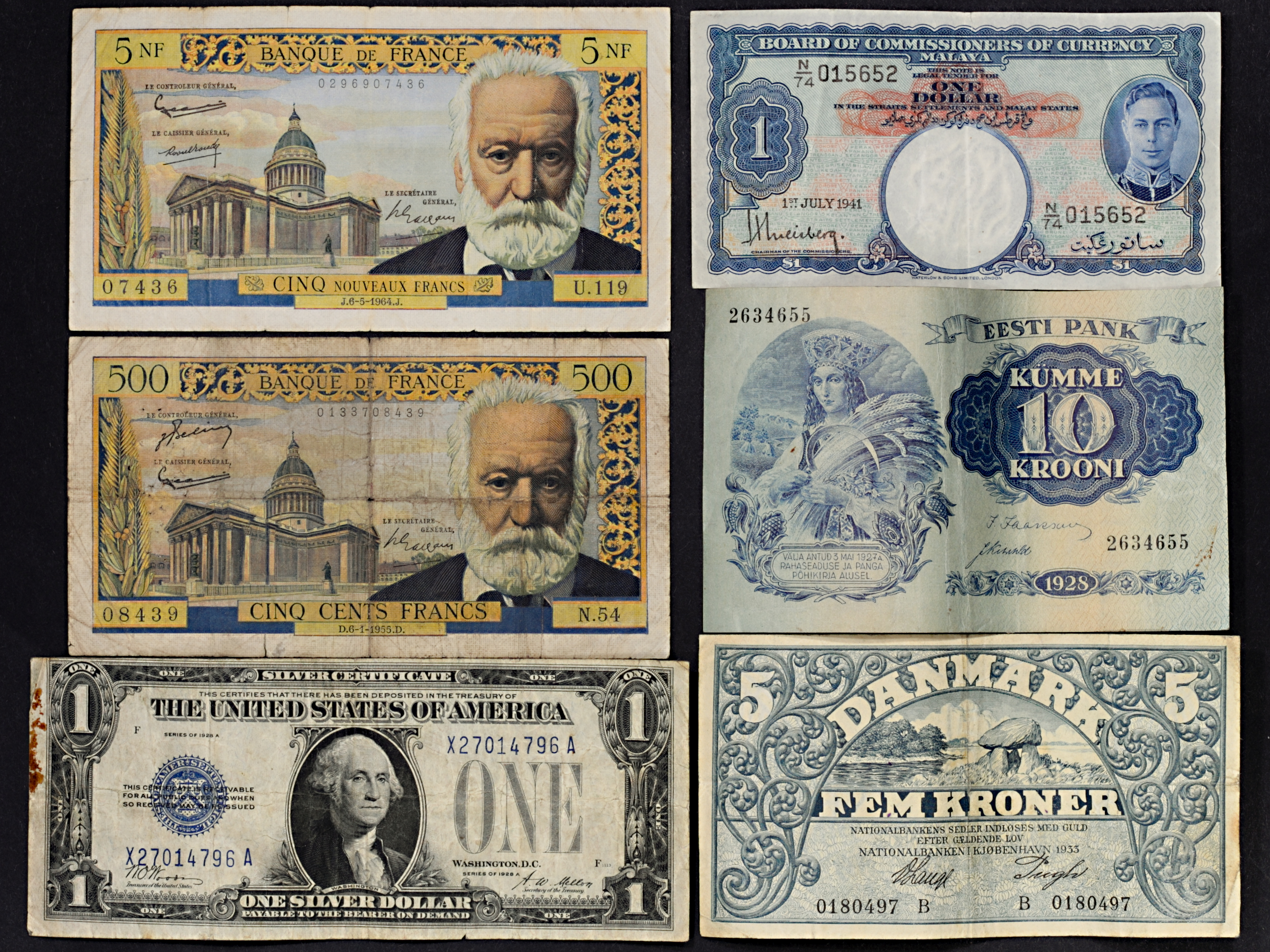 World - Group of Banknotes: Denmark, Estonia, France, Malaya, USA (6)