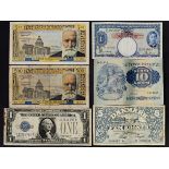 World - Group of Banknotes: Denmark, Estonia, France, Malaya, USA (6)