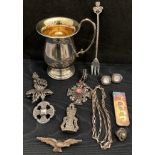 Nine assorted silver items including Jerusalem 800 cross pendant and chain with central pink stone,