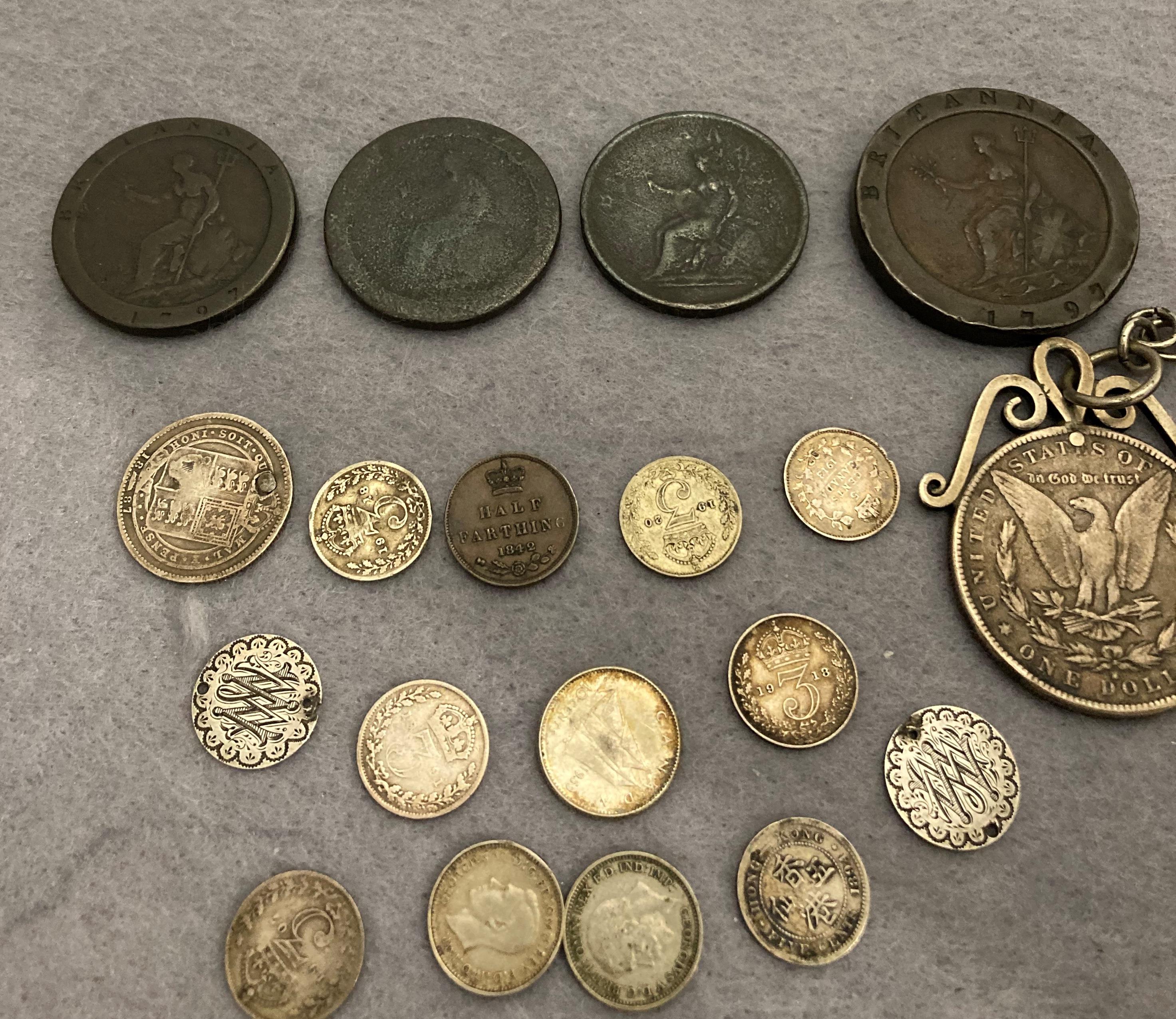 Contents to box - USA 1883 silver US dollar on chain with other silver coins, - Image 4 of 4