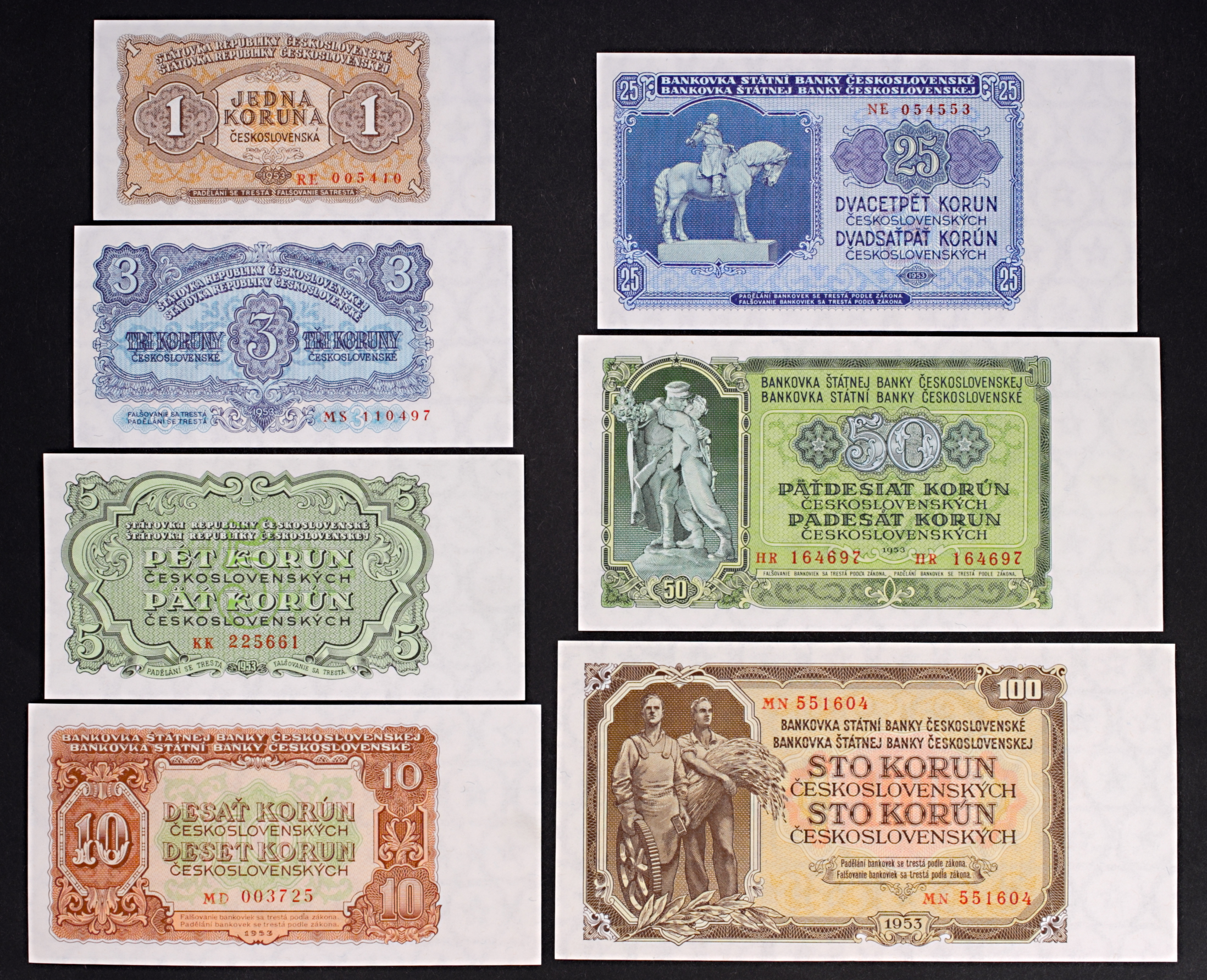 Czechoslovakia - 1953 set of 7 Uncirculated banknotes, 1 to 100 Koruna