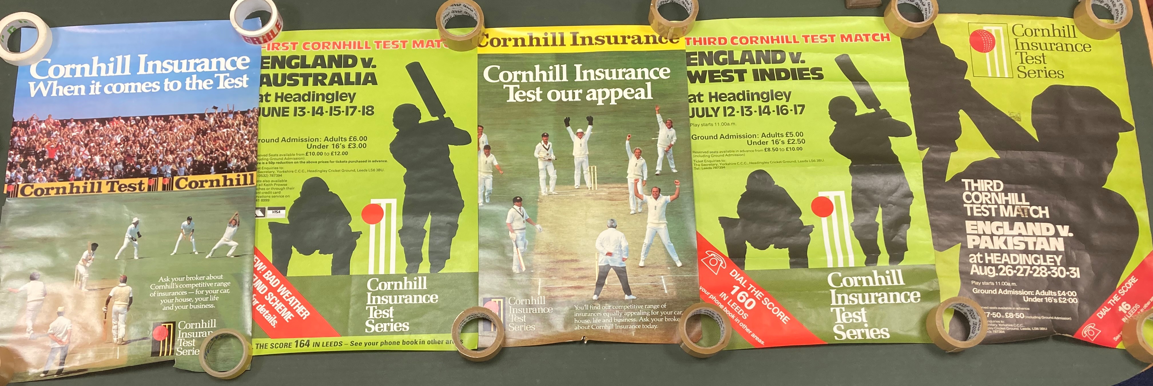 Five Cricket related posters Cornhill Insurance sponsored including England vs Australia,