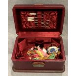 A red leather sewing box - red velvet and silk lining with tools to lid and needle case 9½" x 6½" x