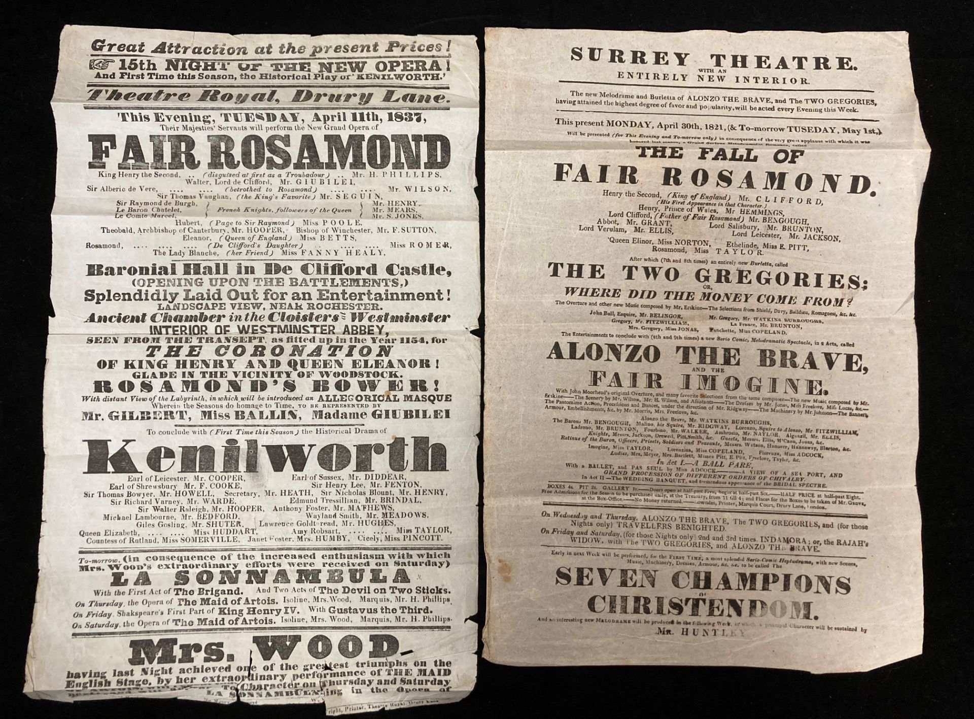 Two theatre posters from the 19th century - Theatre Royal, Drury Lane,