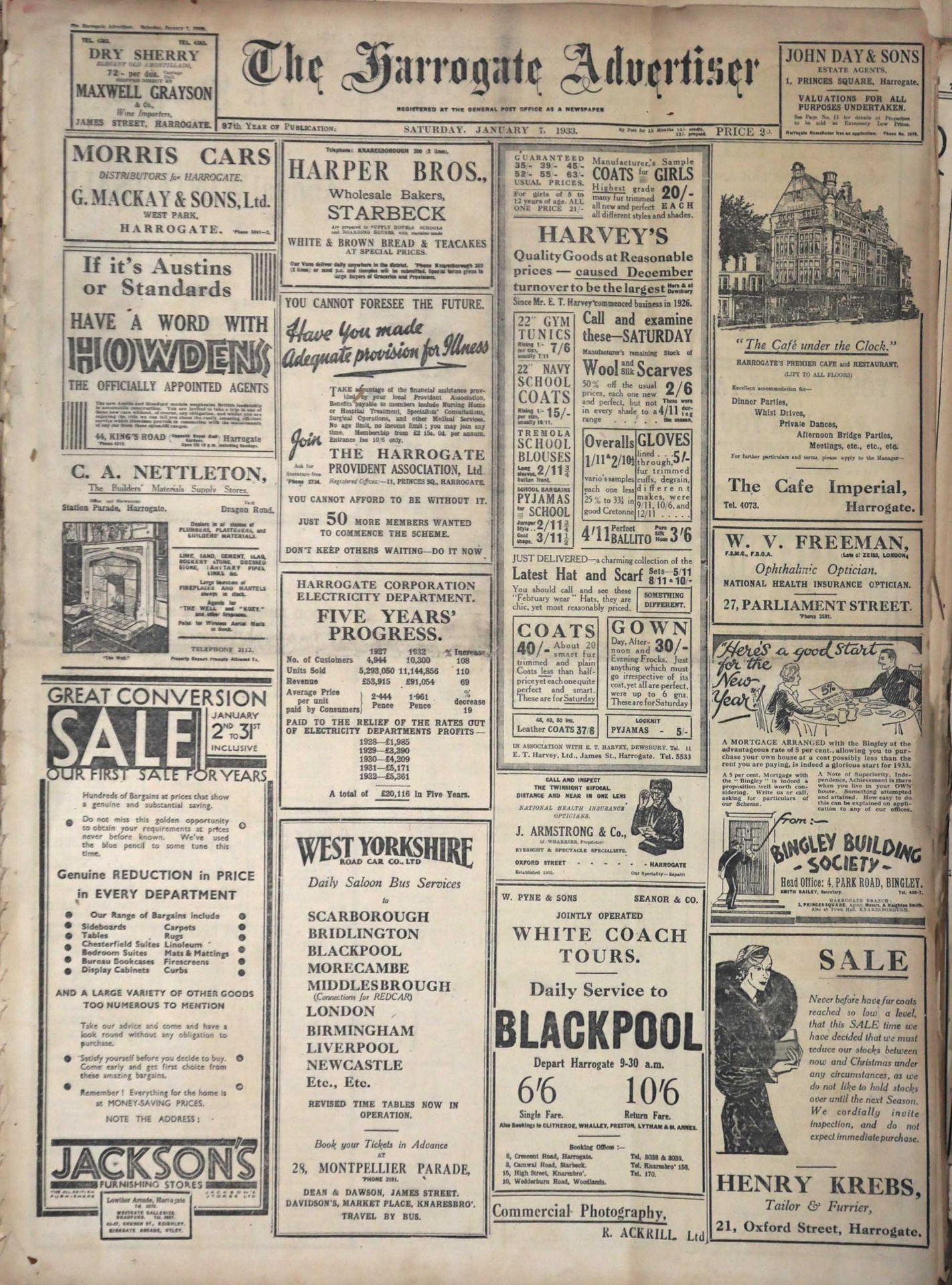 The Harrogate Advertiser 97th Year of Publication - Sat Jan 7th 1933 - price 2D by post for 12