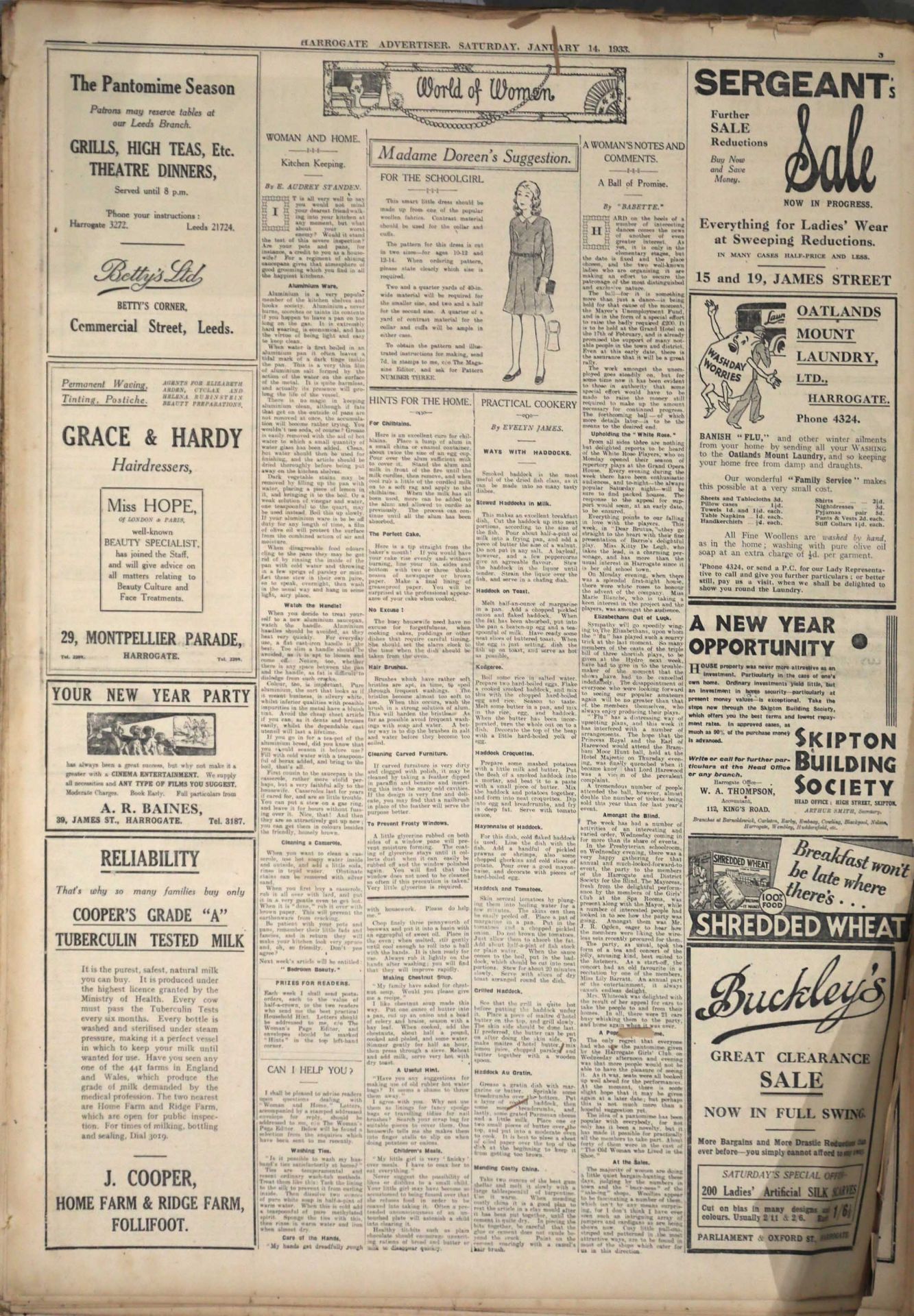 The Harrogate Advertiser 97th Year of Publication - Sat Jan 7th 1933 - price 2D by post for 12 - Image 2 of 4