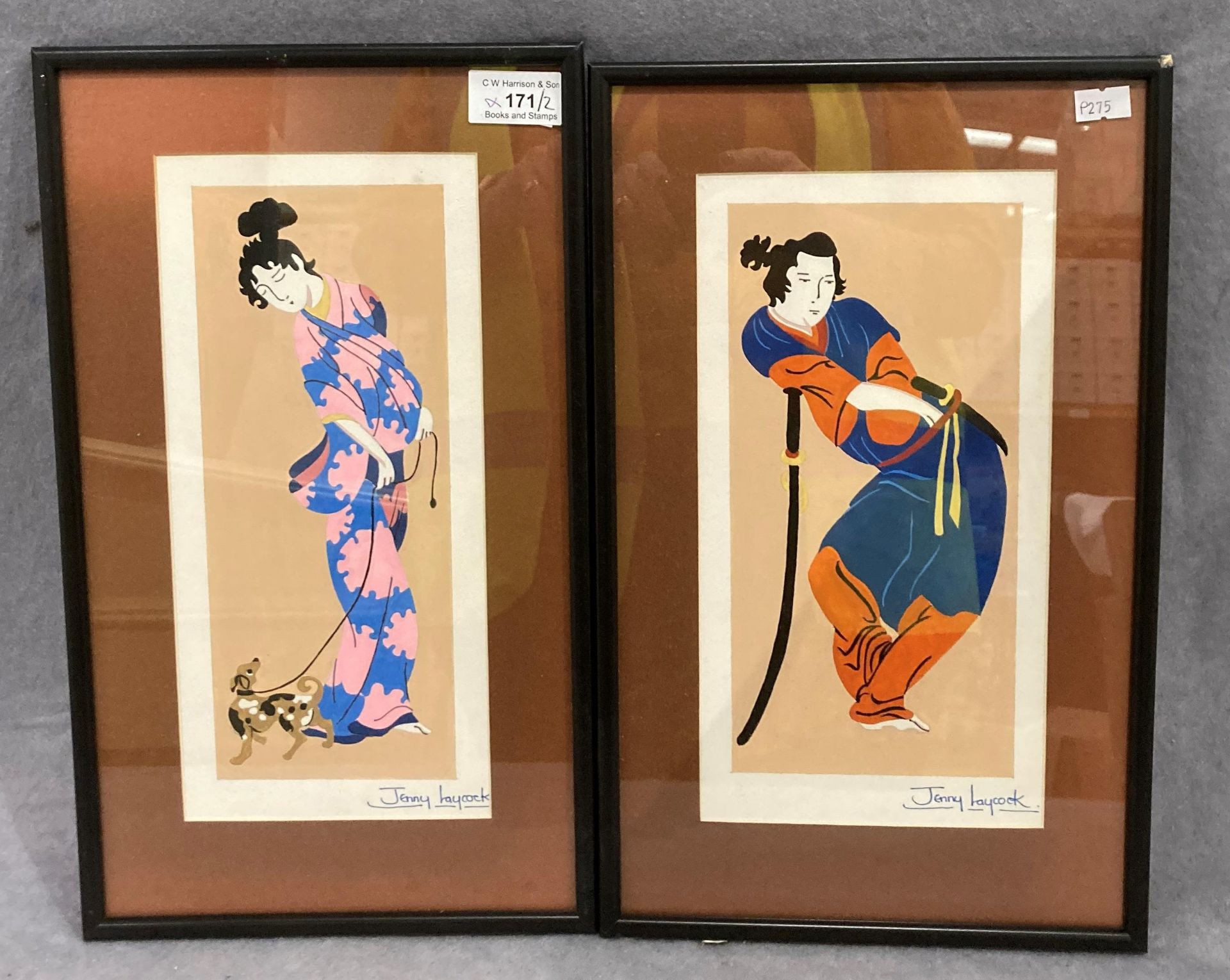 Jenny Laycock pair of small framed watercolour 'Warrior' and 'Geisha Girl' each 30cm x 13cm