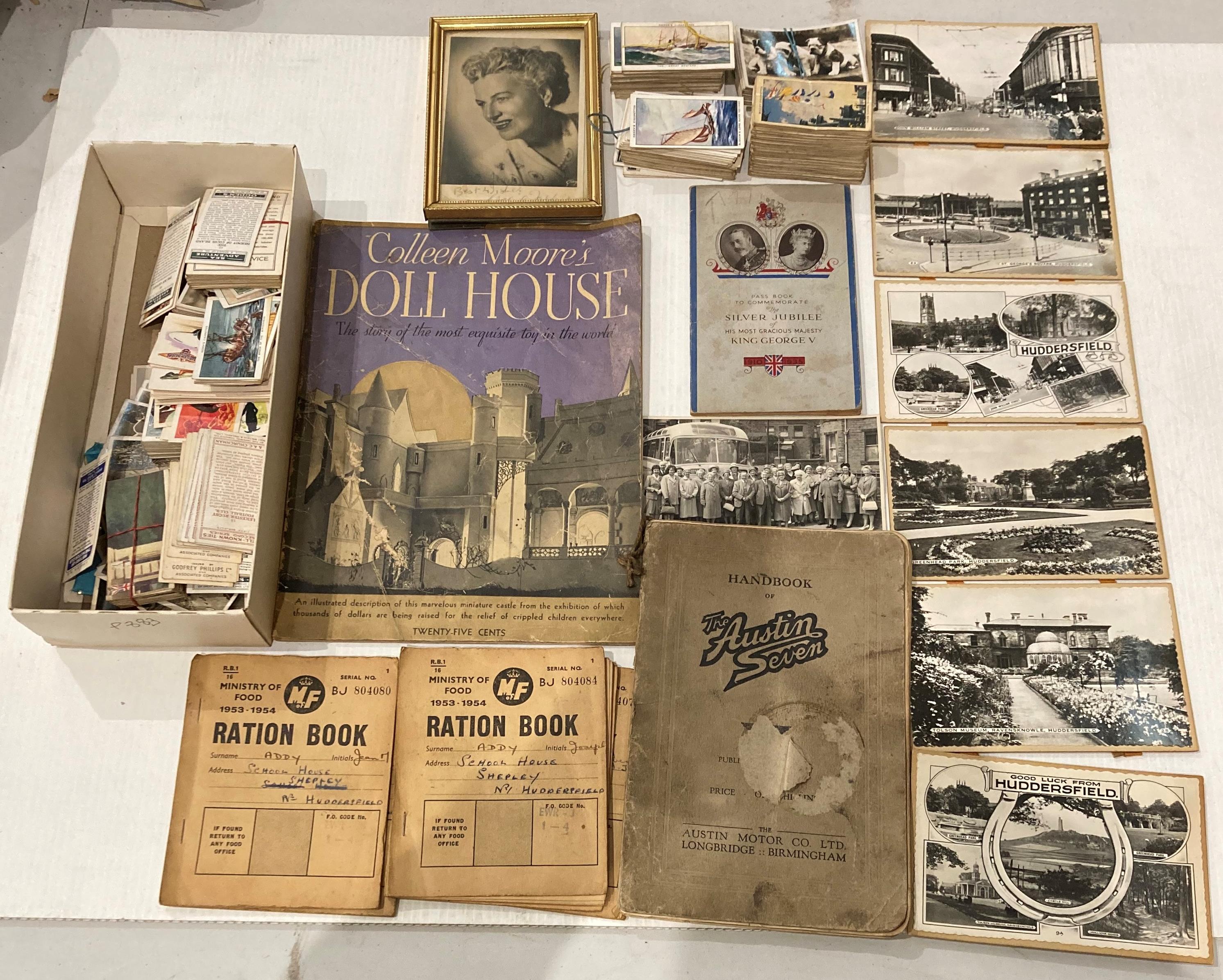 Contents to tray - small signed photograph of Gracie Fields, Ration Books, Austin Seven handbook,