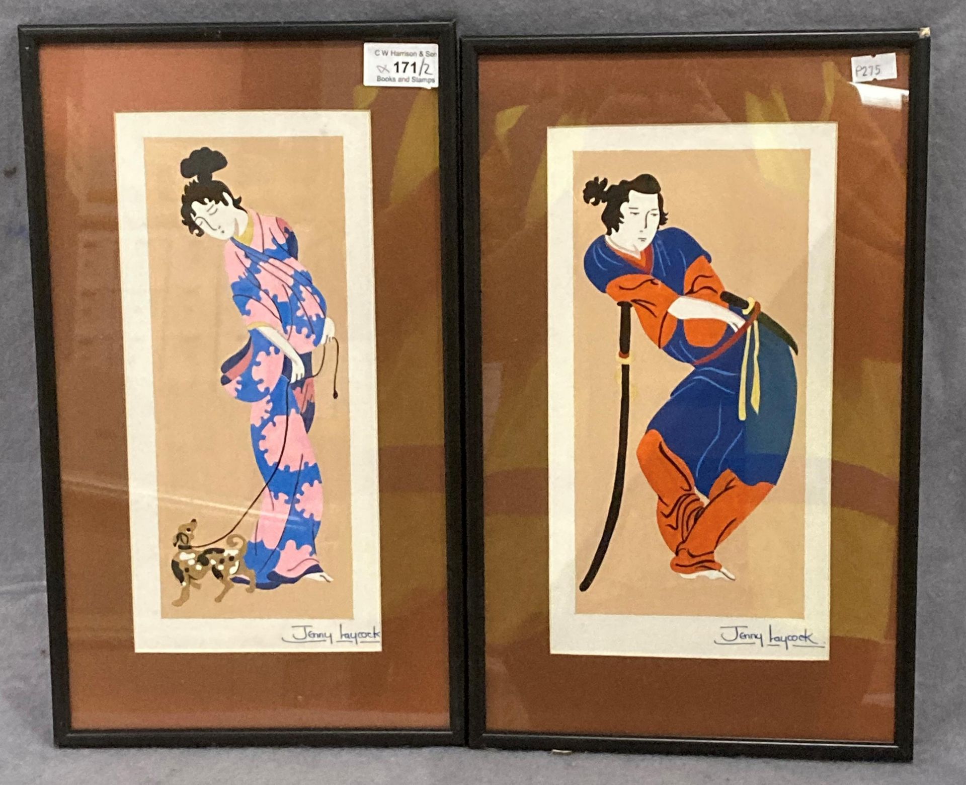 Jenny Laycock pair of small framed watercolour 'Warrior' and 'Geisha Girl' each 30cm x 13cm - Image 3 of 3