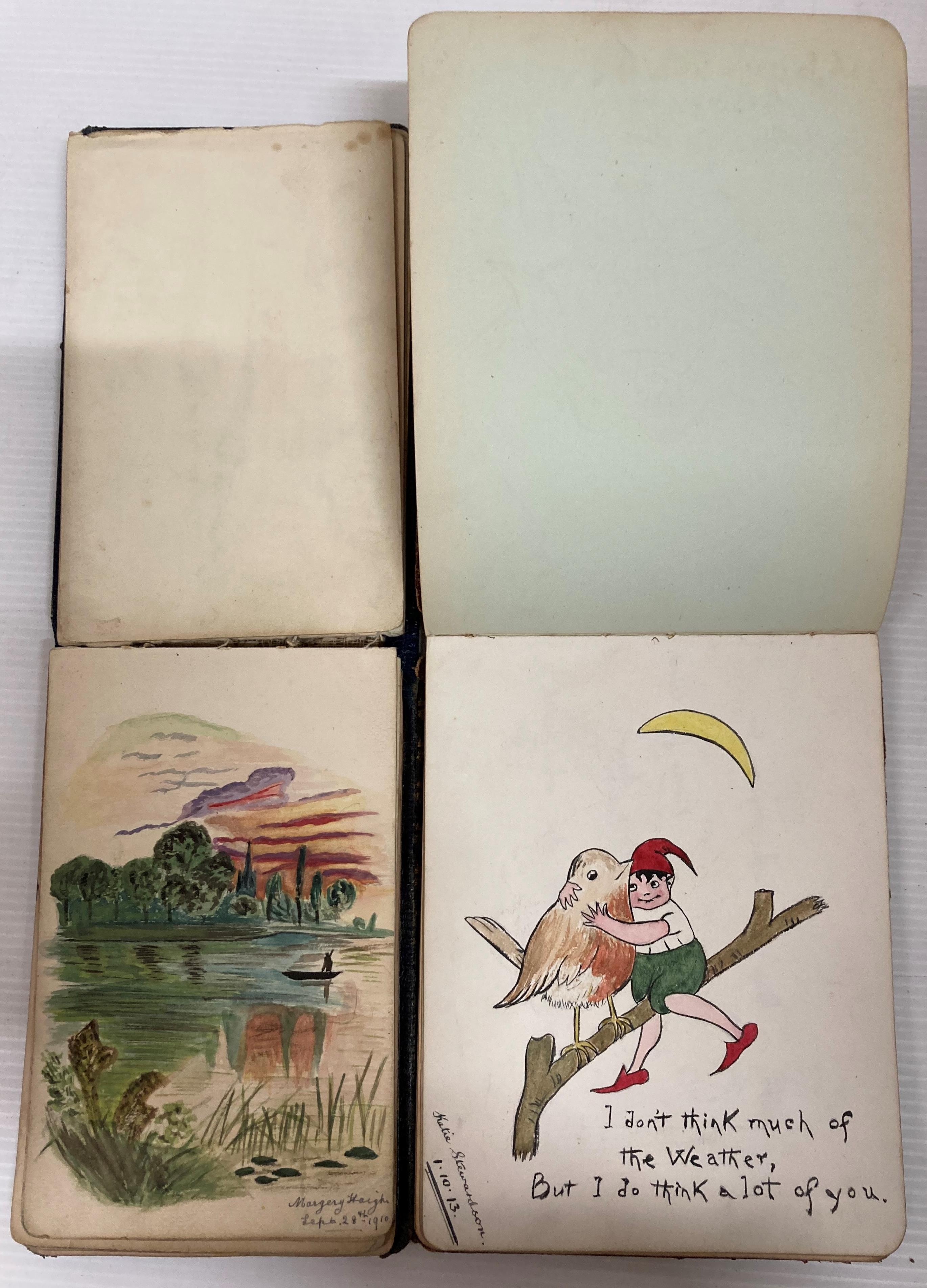 An autograph album containing a quantity of small watercolours, pencil, - Image 8 of 8