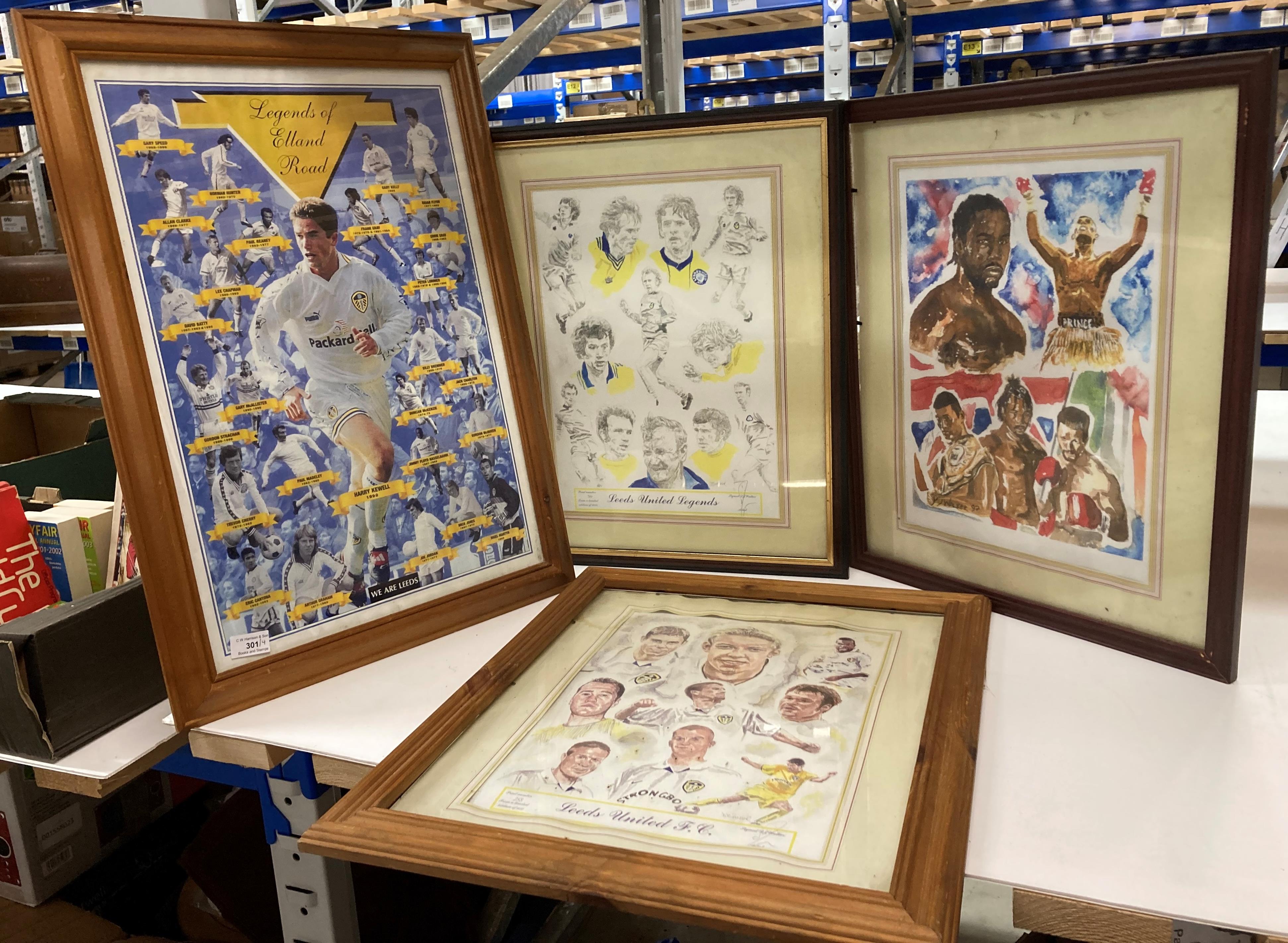 Leeds United and boxing related - a framed legends of Elland Road print 60cm x 40cm,