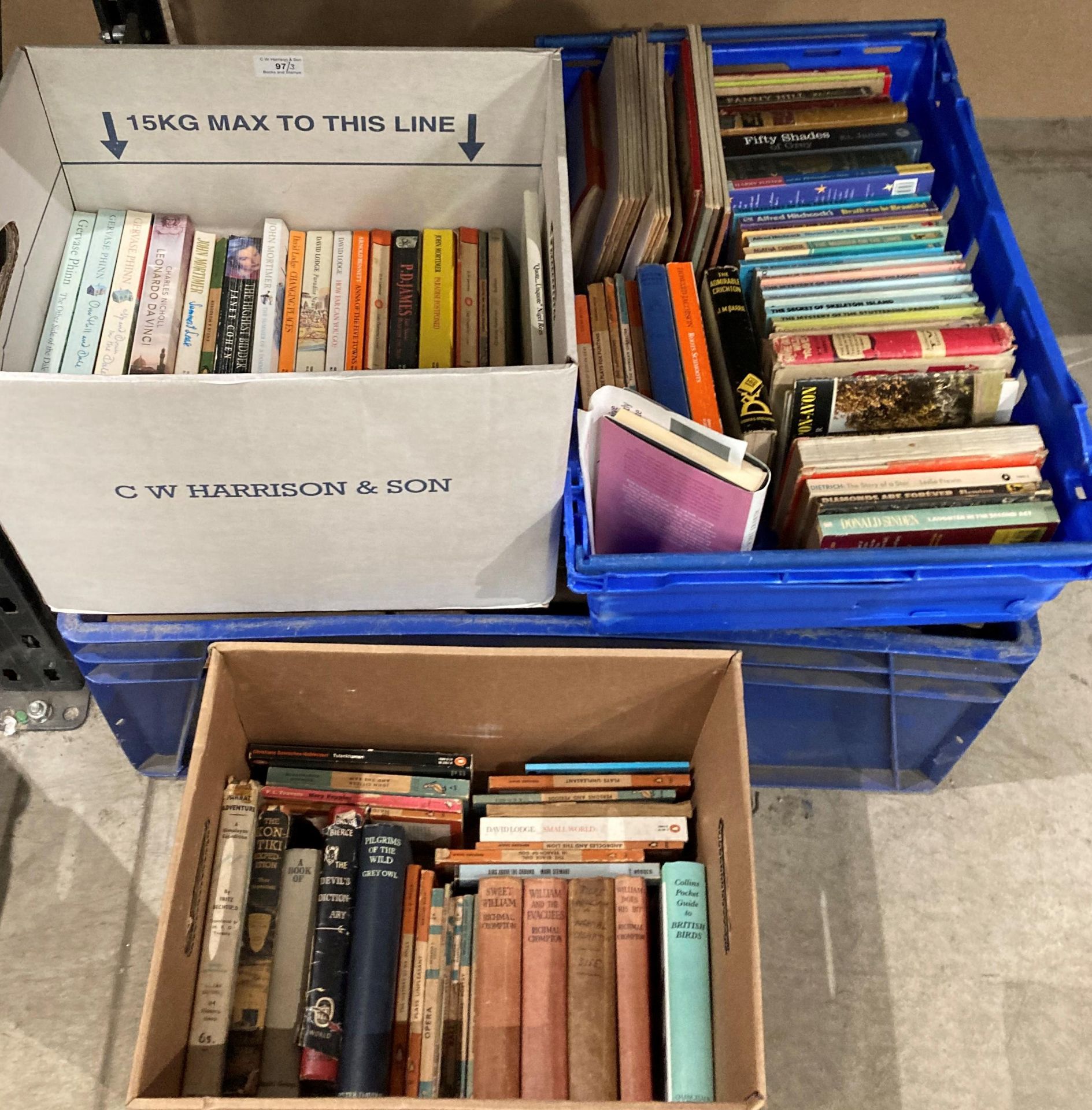 Contents to three boxes - hard and paperback books including a quantity of vintage and modern