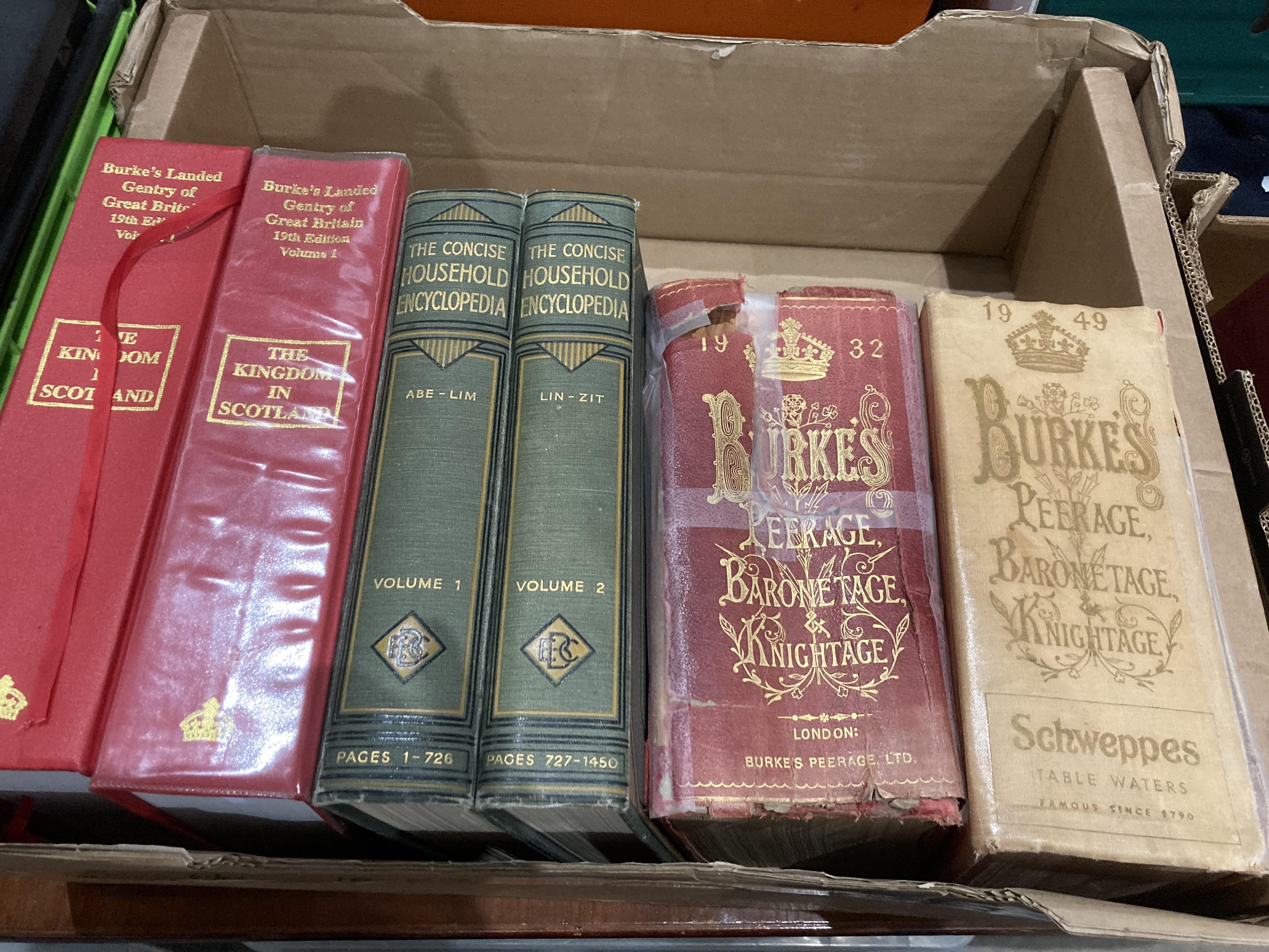 Contents to two cardboard boxes four volumes of Burkes Reerage, Baronetage and Knightage (1902, - Image 3 of 3