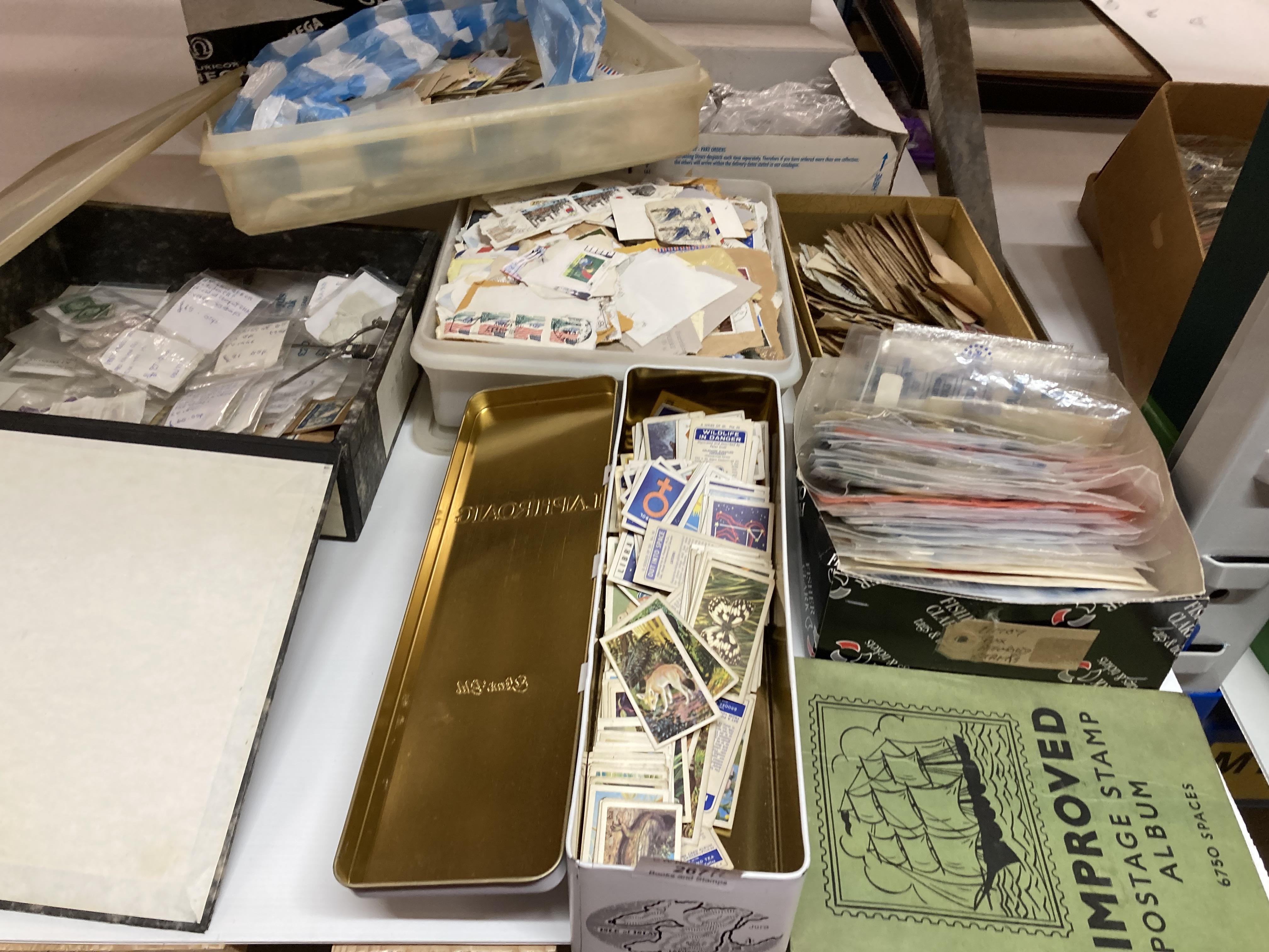 Contents to two boxes - large quantity of used stamps, album of tea cards, stamp books, - Image 2 of 4