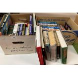 Contents to two boxes and in front of two boxes - thirty books on Warfare and Air Warfare mainly