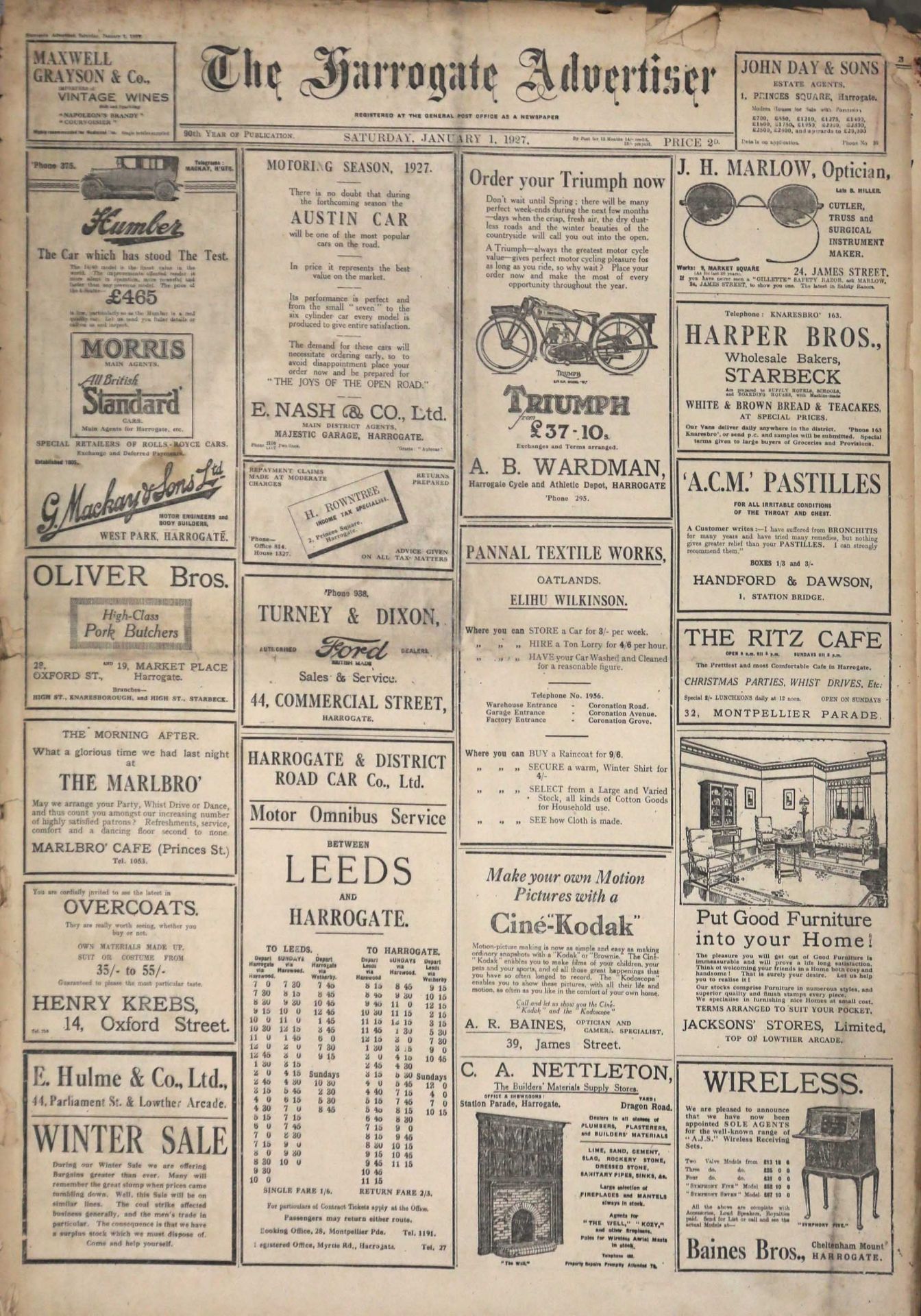 The Harrogate Herald and Weekly List of Visitors No 45 vol LXIII - Wed Jan 5th 1927 to Dec 28th - - Image 2 of 12