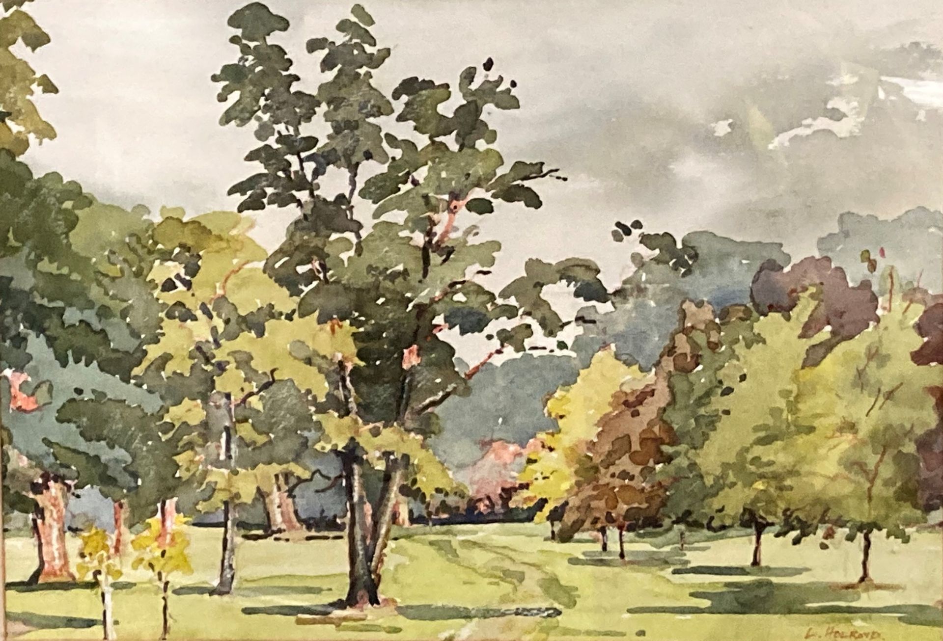 L Holroyd framed watercolour 'Trees in Bretton Park' 27cm x 39cm - Image 3 of 3