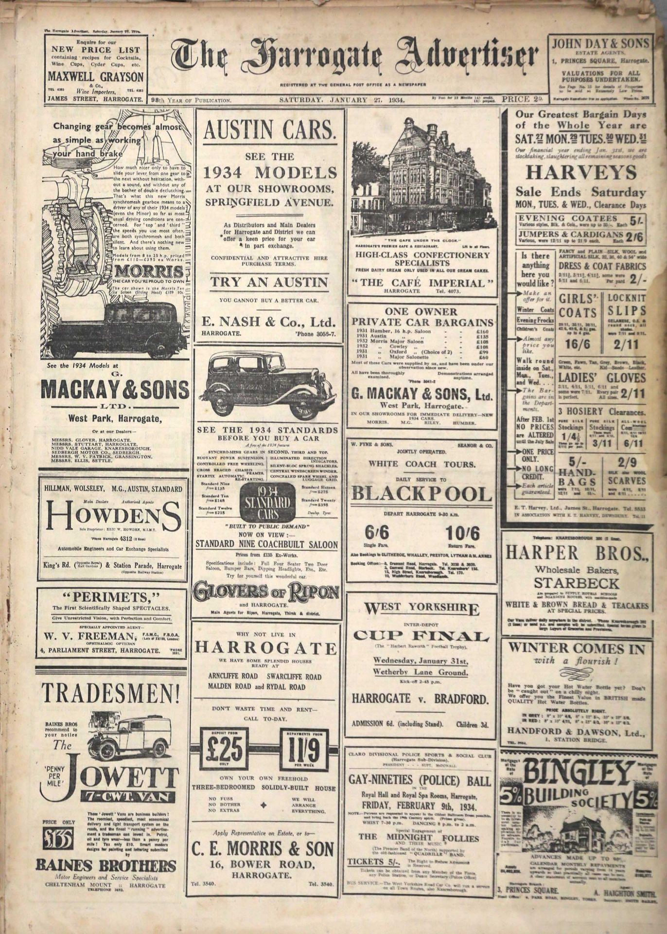 The Harrogate Advertiser 98th Year of Publication - Sat Jan 6th 1934 - price 2D by post for 12