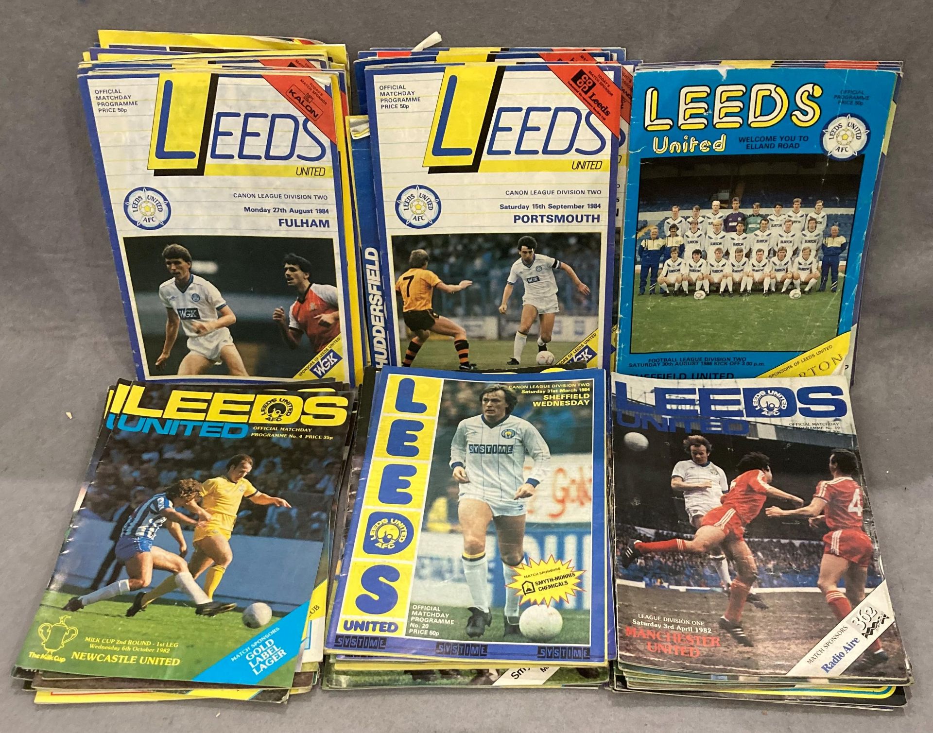 Contents to tray - approximately 75 Leeds United mainly home programmes circa 1981-1986