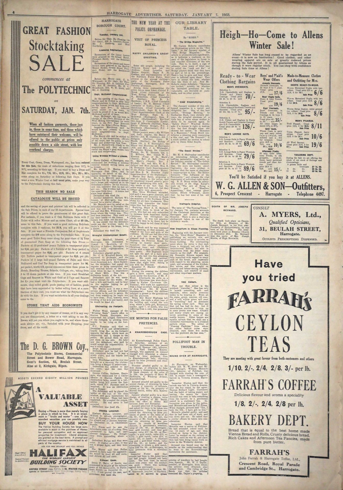 The Harrogate Advertiser 97th Year of Publication - Sat Jan 7th 1933 - price 2D by post for 12 - Image 4 of 4