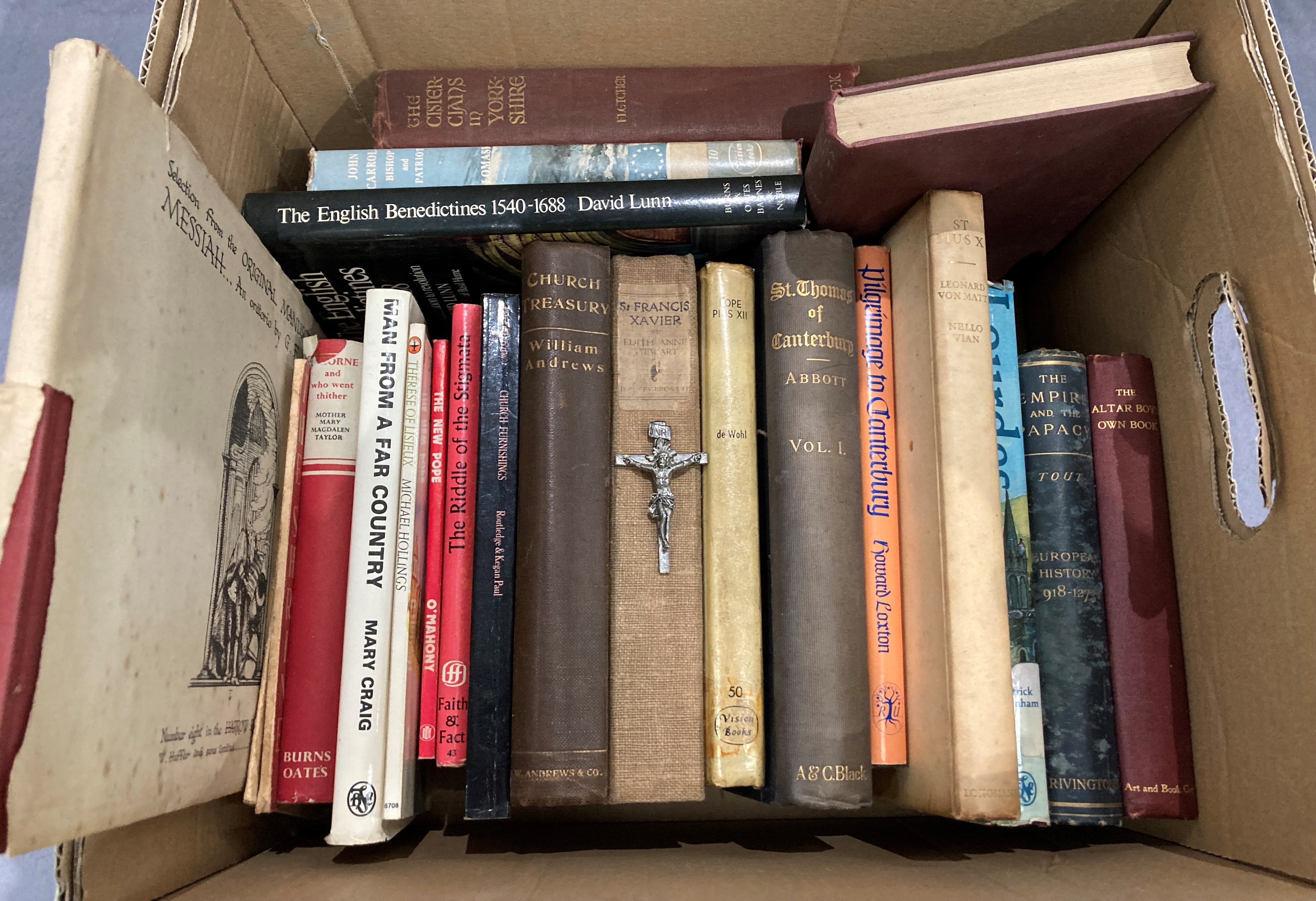 Contents to box - twenty two books mainly relating to religion - some Catholic related including