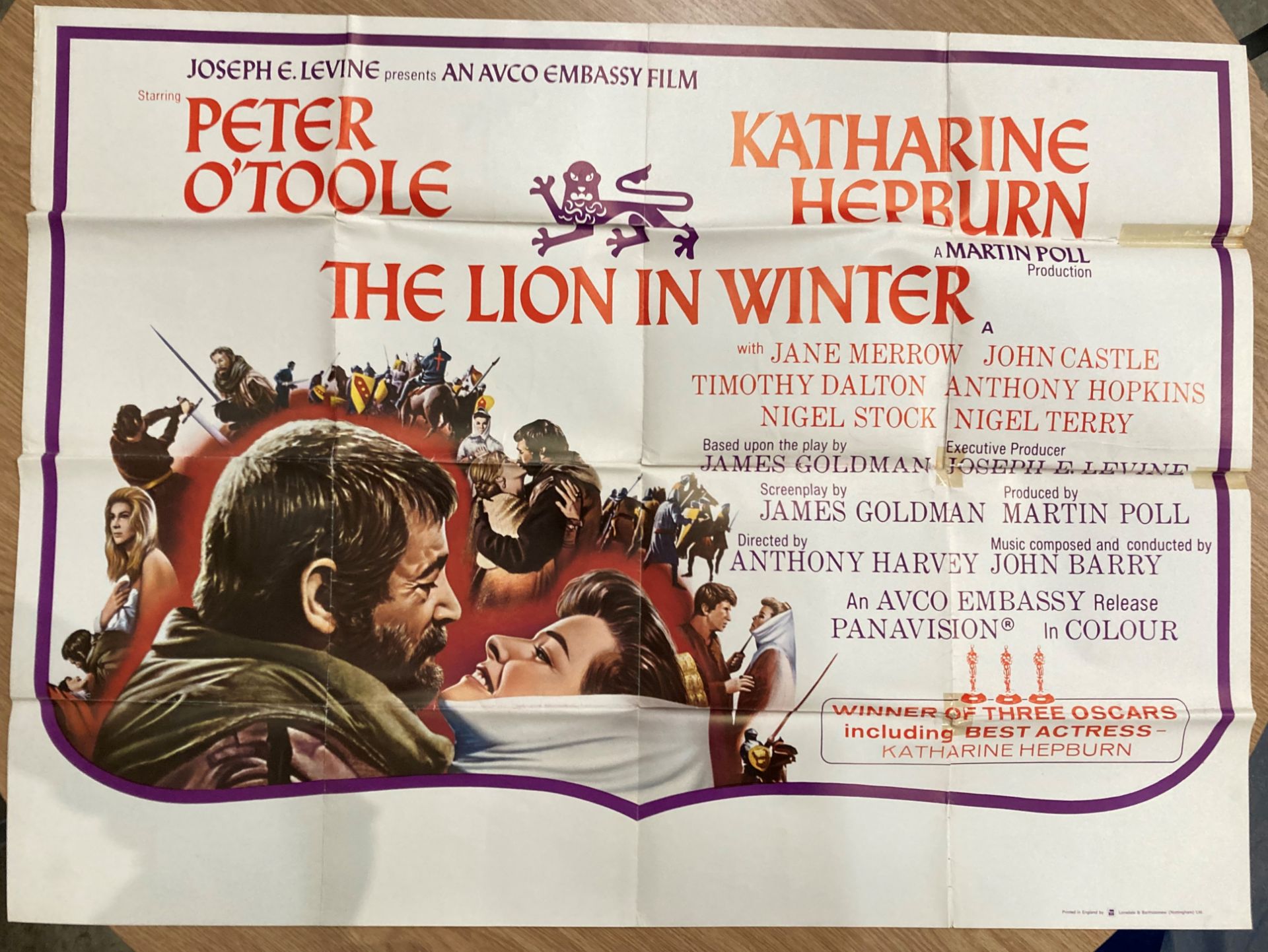 A folded film poster with Sellotape repairs 'The Lion in Winter' featuring Katharine Hepburn and - Image 2 of 5