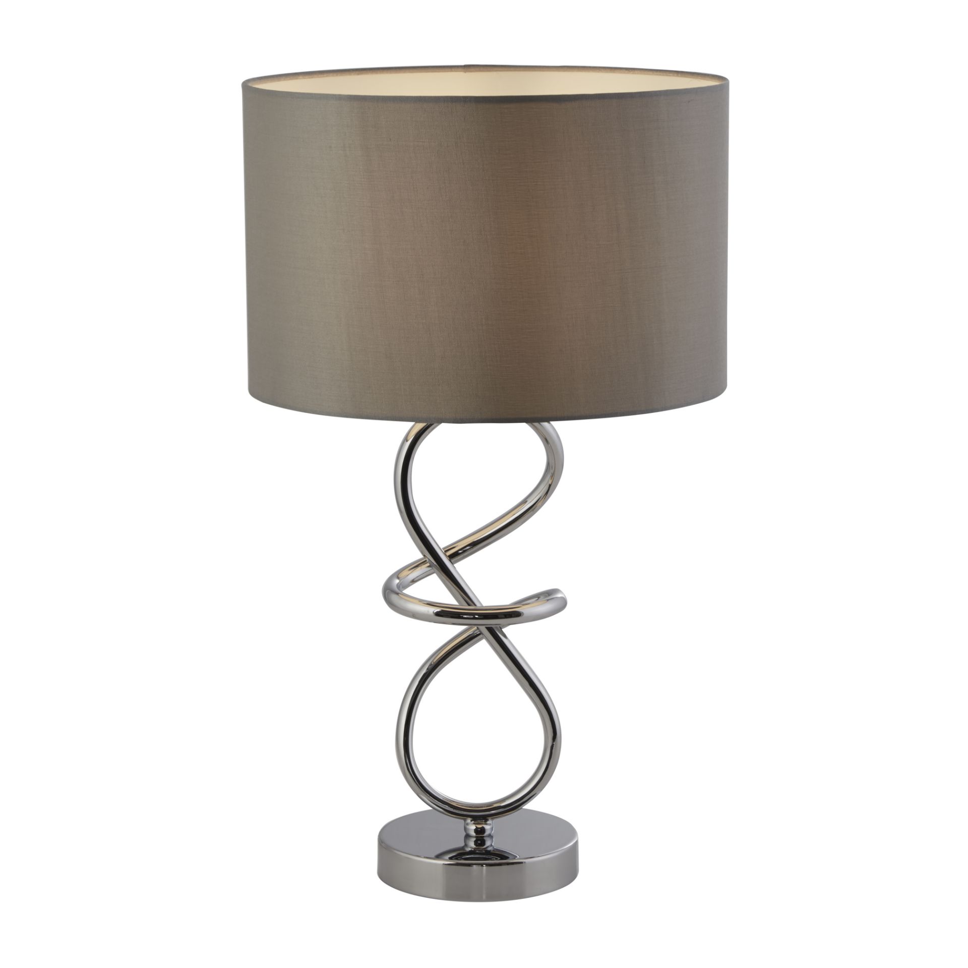 CHROME TABLE LAMP, 48CM HIGH, 7W. Chrome table lamp with twist base and grey fabric shade.