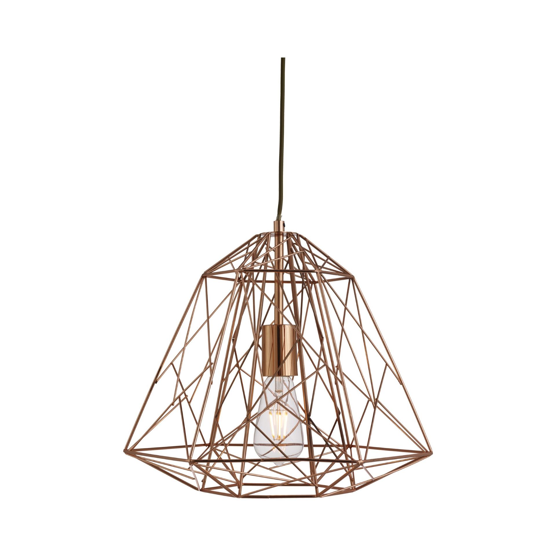 GEOMETRIC CAGE FRAME PENDANT, SHINEY COPPER, 39CM DIAMETER, 60W.