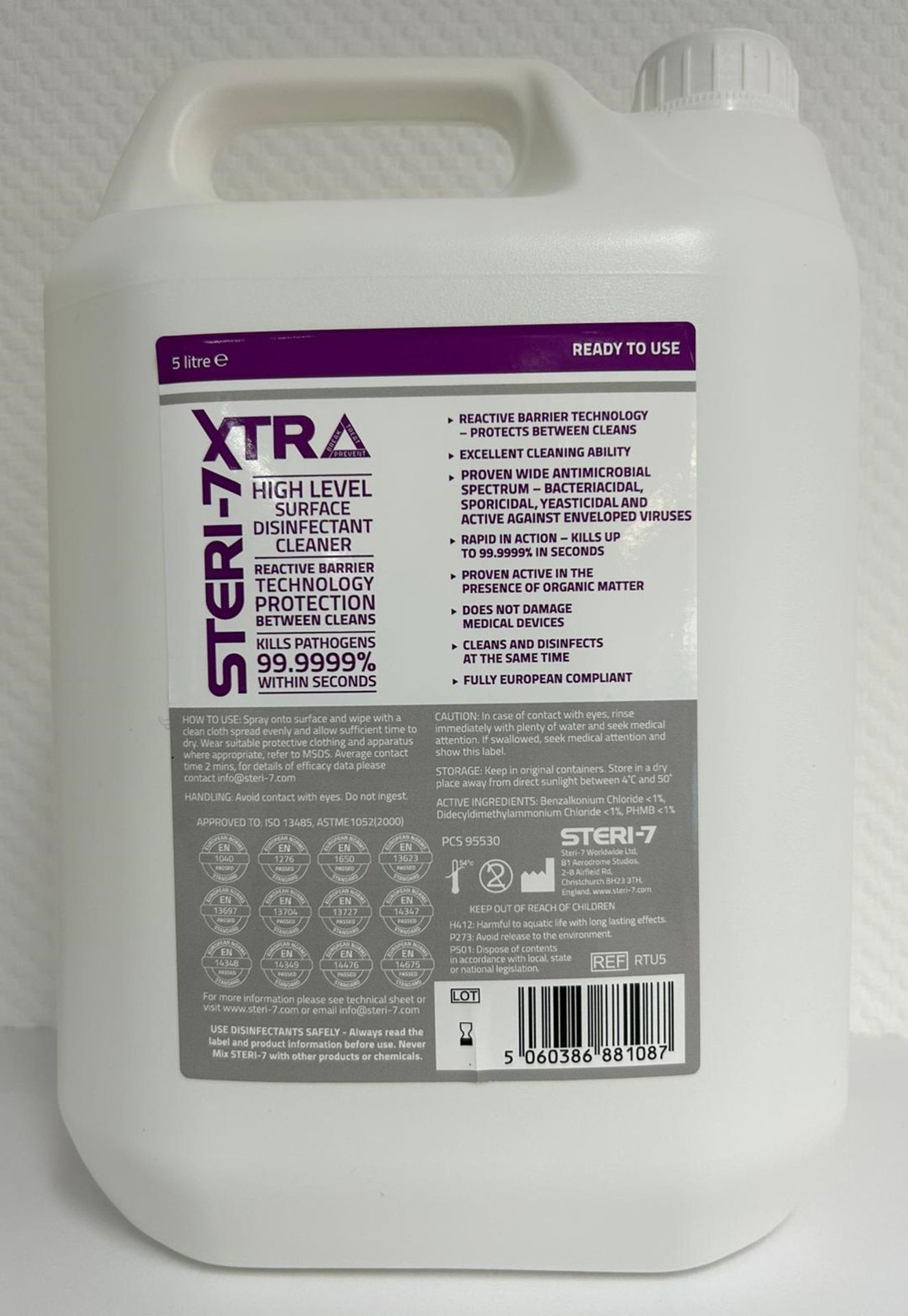 4 x Steri-7 5L Bottles of Xtra High Level Surface Disinfectant Cleaner - Ready to Use (1 outer box)