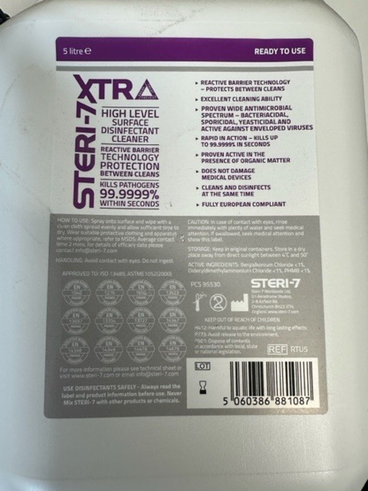 4 x Steri-7 5L Bottles of Xtra High Level Surface Disinfectant Cleaner - Ready to Use (1 outer box) - Image 2 of 12