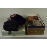 A vintage Harrods box containing a vintage bridesmaids headdress, evening hats,